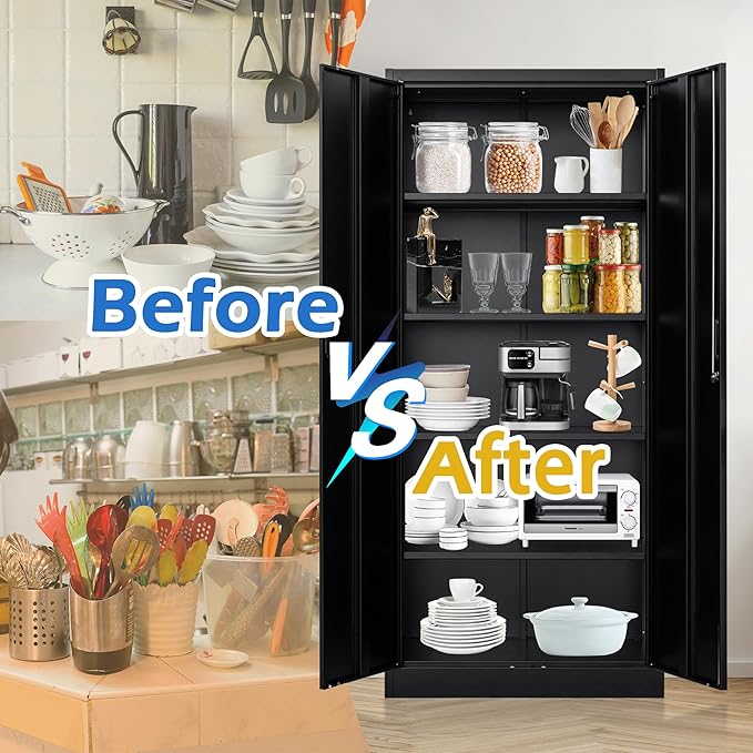 Wanfu Metal Storage Cabinet, 71”H Metal Garage Cabinet with 5 Adjustable Shelves, Locking Storage Cabinets for Garage, Home, Office, Pantry(Black)