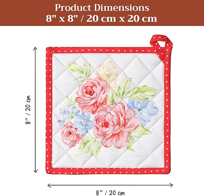 Maison d' Hermine Pot Holders 100% Cotton Heat Resistant Potholders 8" x 8" Hot Pads with Loop BBQ Cooking Baking Hotel Farmhouse Kitchen Handling Hot Pans Spring Summer (Pack of 2, Vintage Floral)