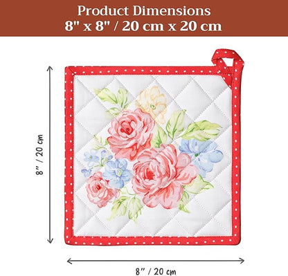 Maison d' Hermine Pot Holders 100% Cotton Heat Resistant Potholders 8" x 8" Hot Pads with Loop BBQ Cooking Baking Hotel Farmhouse Kitchen Handling Hot Pans Spring Summer (Pack of 2, Vintage Floral)