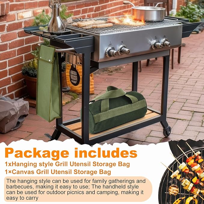 Amylove 2 Pcs Grill Utensil Storage Bag 20" Extra Thick Canvas Barbecue Grill Tool Storage Bag Carry Container Waterproof Zipper Closure, for Outdoor Grilling Camping Hiking Barbecue Accessory(Green)