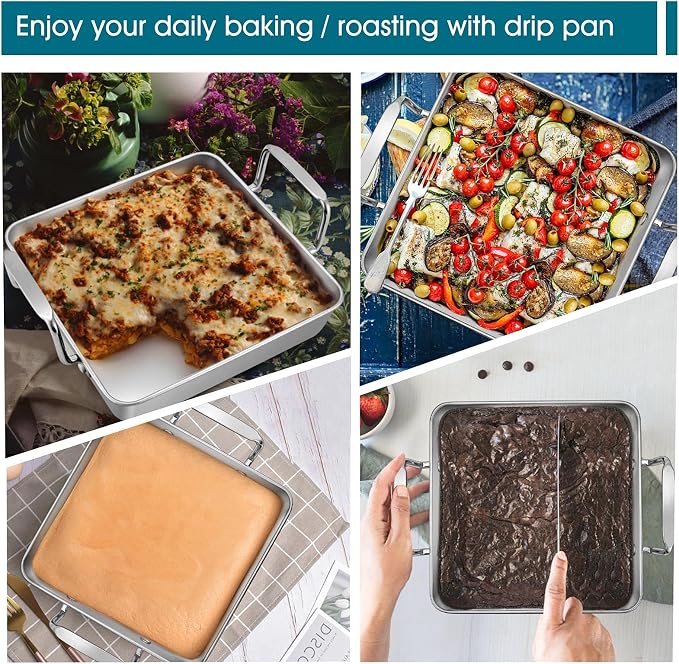 TeamFar Roasting Pan with Beer Can Chicken Holder, Drip Pan for Oven-2PCS | Stainless Steel Square Baking Pan with Vertical Stand, for Grill Oven Smoker BBQ Roasting, Dishwasher Safe(1 Pan + 1 Rack)