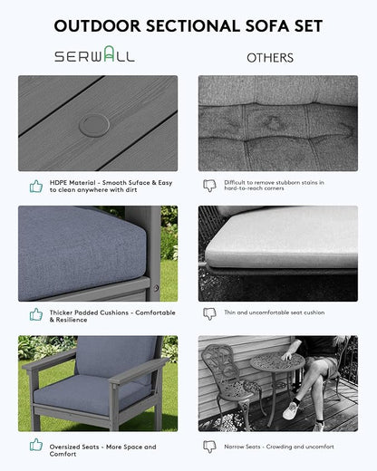 SERWALL HDPE Patio Furniture Set with 15FT Patio Umbrella, 7-piece Outdoor Sectional Sofa Set, All Weather Patio Couch Set for Deck, Gray &Gray (Umbreall Base not Included)