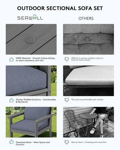 SERWALL HDPE Patio Furniture Set, 7-piece Outdoor Sectional Sofa Set, All Weather Outdoor Couch Set for Deck, Lawn, Grey Frame with Grey Cushion