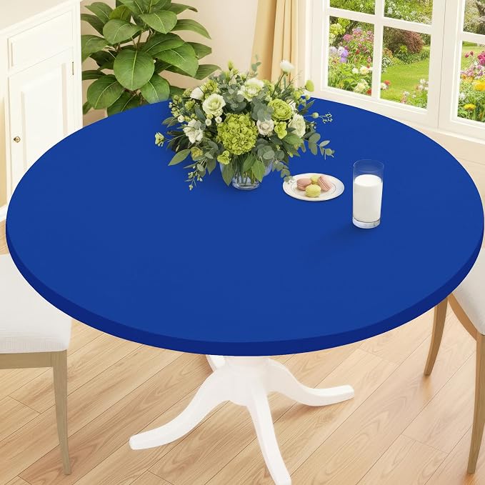 Smiry Round Spandex Tablecloth, Elastic Fitted Washable Tablecloths for 57"-68" Tables, Waterpoof Stretch Picnic Table Cover for Dining, Indoor and Outdoor, Blue
