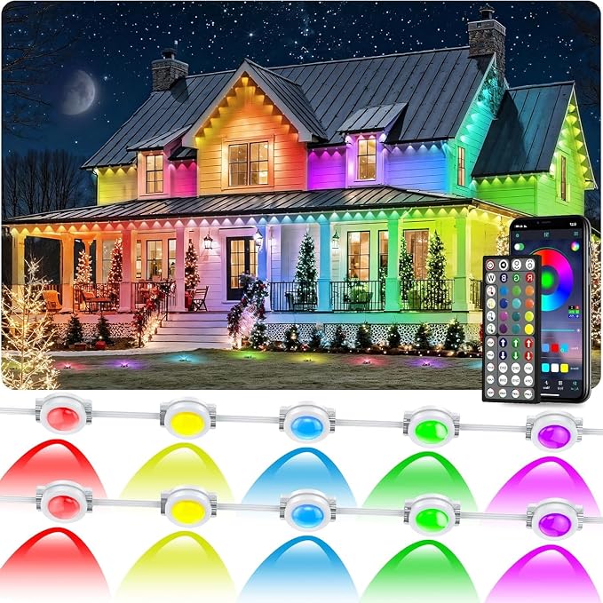 300FT Permanent Outdoor RGB Lights, IP67 Waterproof Smart Eave Lighting, with App/Remote Control Eaves Light, DIY LED Scenes Modes for House Roof Decor,Party