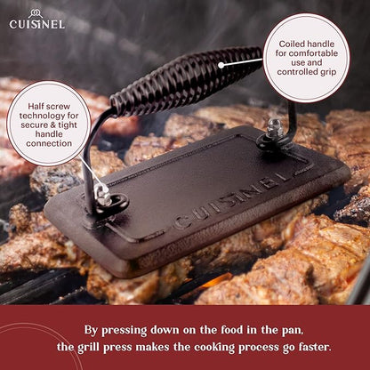 Cuisinel Grill Press - Cast Iron Burger Press for Bacon, Steak & Hamburgers - 6.75" x 4.5" Rectangular Pre-Seasoned 2.8-lb. Weight Sandwich Maker - Griddle, BBQ Accessory - Comfort-Grip Handle