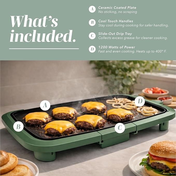 COOK WITH COLOR Electric Griddle 1200W, Nonstick Surface for Pancakes, Burgers, Eggs & More, Removable Temperature Control, Slide-Out Drip Tray, 10" x 16" Cooking Area, Dark Sage