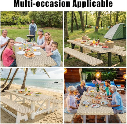 Smiry Picnic Table Cover with Bench Covers, Waterproof Elastic Fitted Tablecloth for 5 Foot Tables, Washable Polyester Tablecloths for Camping, Indoor & Outdoor (Champagne, 30x60 Inch 3-pc Set)