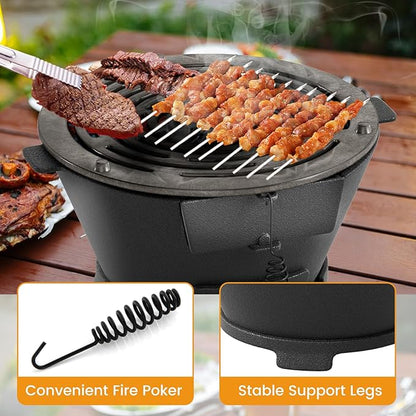 Hibachi Grill, Portable Cast Iron Charcoal Grill with Air Regulating Door & Fire Gate, Grate Lifter, Small Tabletop Japanese Yakitori Grill for Outdoor Camping, Picnic, Party (Round)