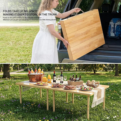 60"x30" Portable Boho Wooden Low Folding Picnic Table for Indoor Outdoor | Comes with Table Runner, Stable 8-leg Support & Thickened Structure, Thick Painted Tabletop Easy to Wipe, Fits 4-6 People