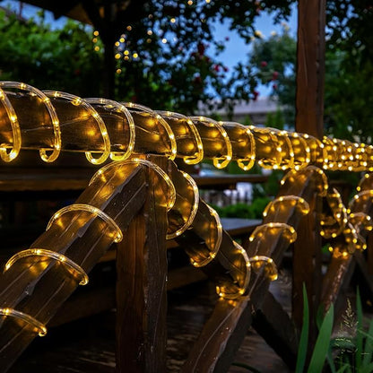 Jnaurb Solar Rope Lights, 66ft 200LED Solar String Lights, 8 Modes Waterproof Solar Outdoor Light, Flexible Clear Trampoline Light for Garden Backyard Patio Deck Porch Pool Tree Decor - Warm White