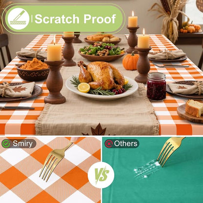 Smiry Picnic Table Cloth, Vinyl Tablecloths with Flannel Backing, 60"x102" | Waterproof Rectangle Table Cloth, Wipeable Buffalo Plaid Table Cover for Indoor and Outdoor (Orange & White)