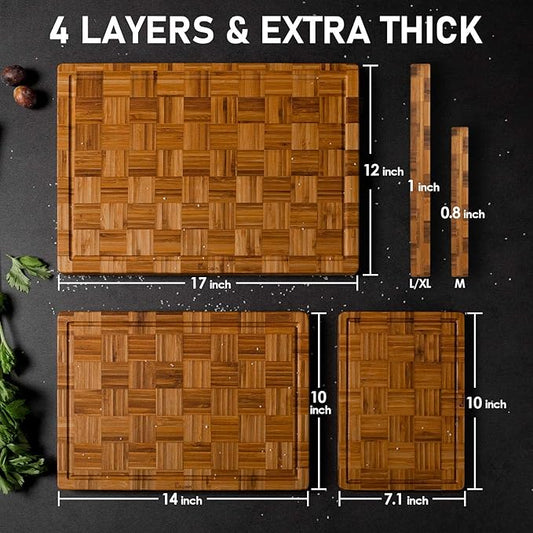 Kikcoin Extra Large Bamboo Cutting Boards, (Set of 3) Chopping Boards with Juice Groove Bamboo Wood Cutting Board Set Butcher Block for Kitchen, End Grain Serving Tray