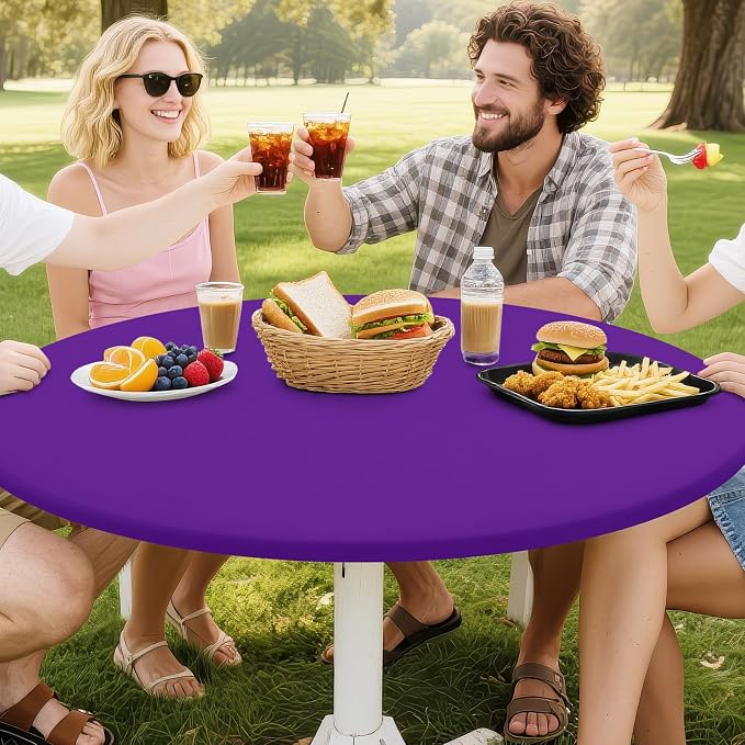 Smiry Round Spandex Tablecloth, Elastic Fitted Washable Tablecloths for 42"-50" Tables, Waterpoof Stretch Picnic Table Cover for Dining, Indoor and Outdoor, Purple