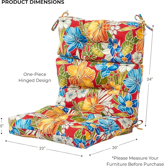 Outdoor Tufted High-Back Chair Cushions, One-Piece Hinged Seat and Back Design, Reversible with 4 Ties, Durable Polyester Fabric, Recycled Fiber Fill - Set of 2, Aloha Red Floral