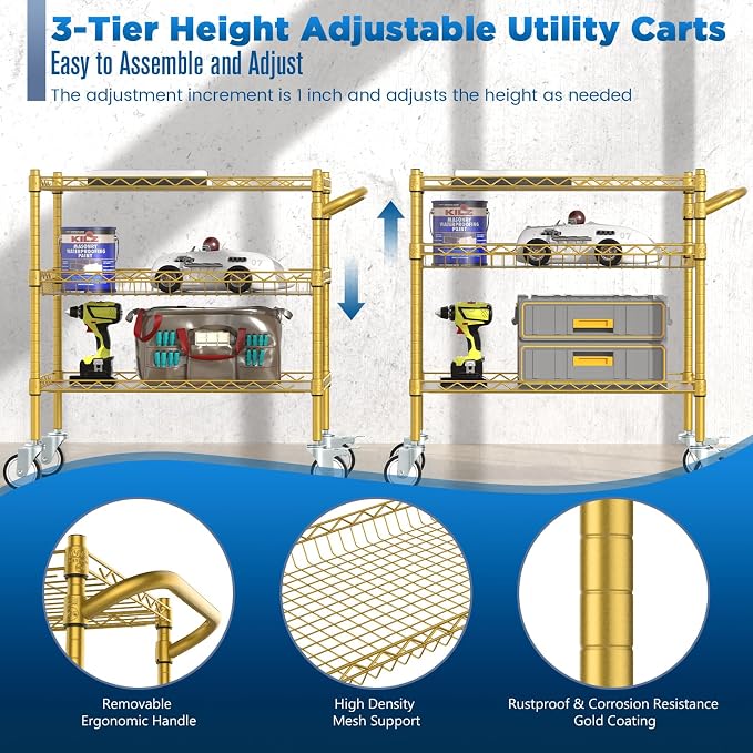 Leteuke 3 Tier Rolling Carts with Wheels, Heavy Duty Rolling Utility Cart | NSF Commercial Grade Metal Cart with Handle&Shelf Liner,Trolley Serving Cart for Kitchen,Restaurant,Plant Display,Gold