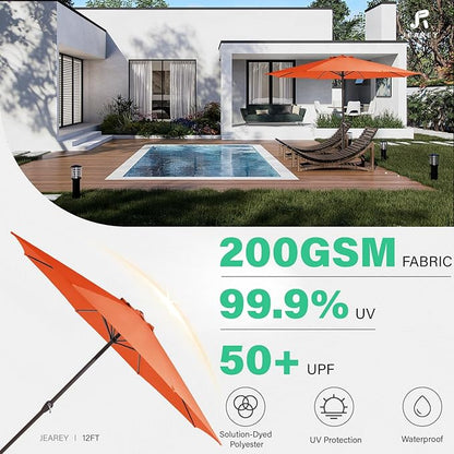 JEAREY 12' Patio Umbrellas Outdoor Table Market Umbrella w/Crank, 8 Sturdy Ribs, UV Protection Windproof for Garden, Deck, Backyard, Pool(Orange)