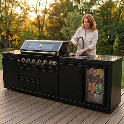 102" Outdoor Kitchen Island,Outdoor Grill,6-Burner 85000 BTU Propane Stainless Steel BBQ with Side/Rear Burners, With Refrigerator and Sink, Rotisserie, Granite Countertops, Storage