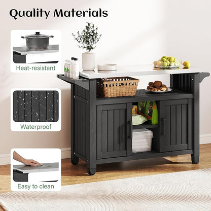 Bifanuo Outdoor Grill Table Grill Cart with Stainless Steel Top & Storage Cabinet for Food Prep and Storage, Portable and Durable with Wheels(Classic Black)