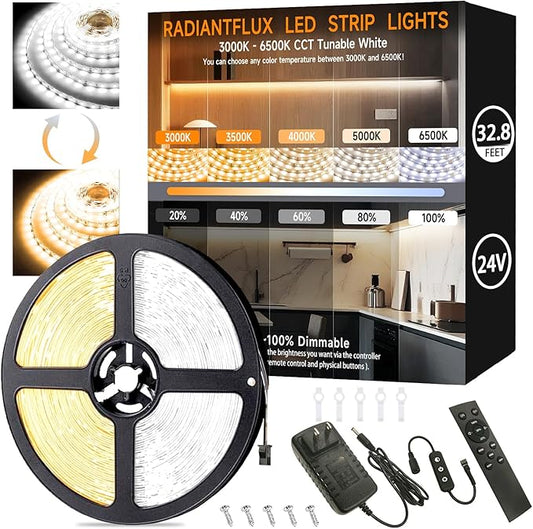 RadiantFlux 32.8ft LED Strip Light with Remote, 3000K-6000K Dimmable Bright Warm White Led Lights Strip, Flexible DC24V Led Tape Light for Bedroom, Kitchen, DIY Lighting