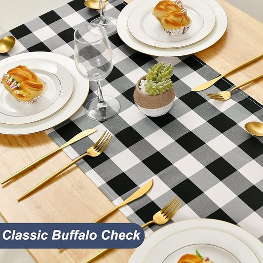 Hiasan Buffalo Plaid Table Runner, Classic Farmhouse Black and White Tabletop Collection, Waterproof Table Runner for Kitchen Dining, Banquet, Restaurant, Outdoor Use, 14W x 72L, 1 Piece