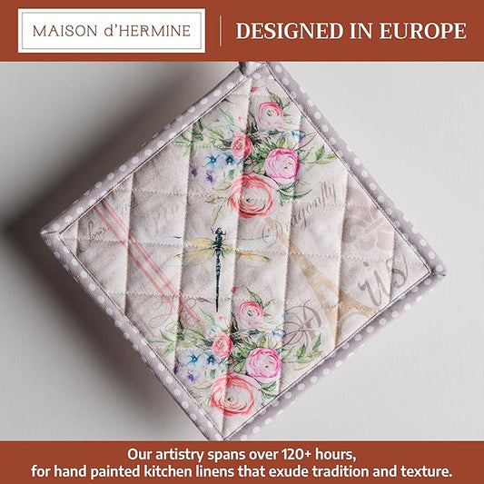 Maison d' Hermine Pot Holders 100% Cotton Heat Resistant Potholders 8" x 8" Hot Pads with Loop BBQ Cooking Baking Hotel Farmhouse Kitchen Handling Hot Pans Spring Summer (Pack of 1, Champ De Mars)