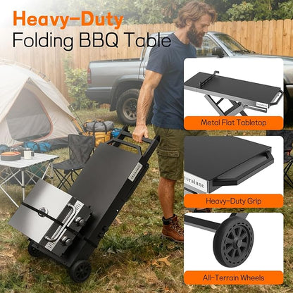 veralune Foldable BBQ Grill Cart with Wheels, Portable and Durable Collapsible Outdoor Table for Gas Grills, Perfect for Camping, Tailgating, Picnics, and Outdoor Cooking