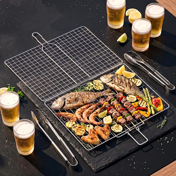 ORDORA Shallow Grill Basket, Fish Grill Basket, Rustproof Stainless Steel BBQ Folding Portable Grilling Rack for Meat, Steak,Vegetables, Grill Accessories
