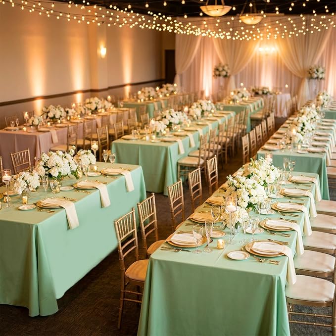 8 Pack Light Green Tablecloth 60 x 102 Inch Rectangular Table Cloth | For 6 Foot Rectangle Tables, Wrinkle Resistant, Washable Polyester Fabric, For Wedding Party Banquet Buffet and Camping