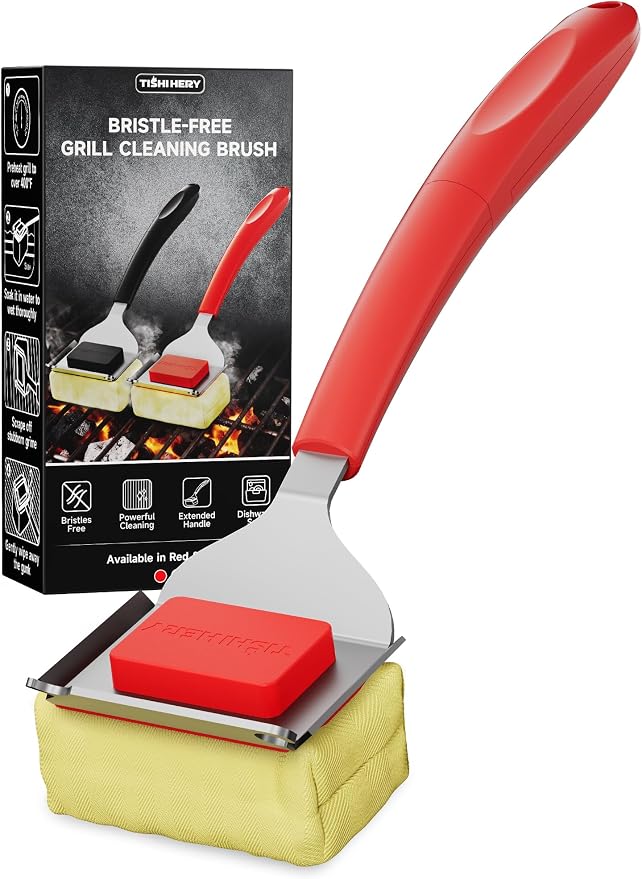 Bristle-Free Grill Brush with Heat-Resistant Kevlar Fiber Head, Red | Steam Cleaning, Replaceable No-Wire Head, 17" Handle, 4-in-1 Scraper, for Porcelain/Ceramic/Stainless Steel/Cast Iron Grate