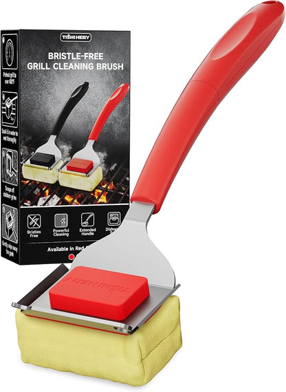 Bristle-Free Grill Brush with Heat-Resistant Kevlar Fiber Head, Red | Steam Cleaning, Replaceable No-Wire Head, 17" Handle, 4-in-1 Scraper, for Porcelain/Ceramic/Stainless Steel/Cast Iron Grate