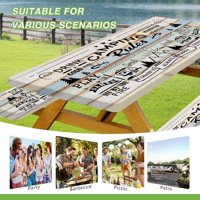 JAWO Wooden Plank Camping Camper Picnic Table Cover with Bench Covers, Camper RV Essentials Gear Supplies Outdoor Waterproof Windproof Tablecloth with Elastic, 30X60in