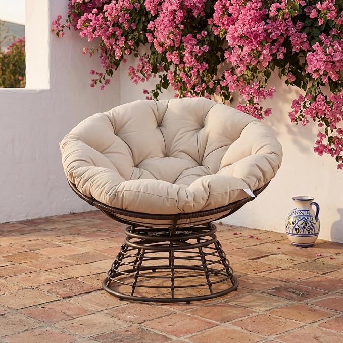 Cushion Papasan Swivel Chair, Ergonomic Wicker Round Chair with Thick Padding, Oversized Swivel Wicker Accent Chairs for Living Room, Bedroom, Reading Room, Balcony, Brown Frame, Beige