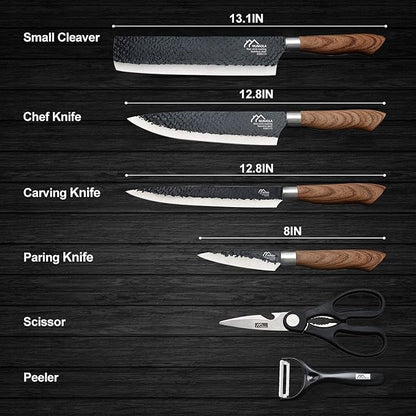 Numola 6 Pieces Black Professional Chef Knife Set, BBQ Meat Knives for Cooking, Forged Kitchen Knife with High Carbon Stainless Steel Cutlery Ergonomic Design Handle with Box for Couples Gift