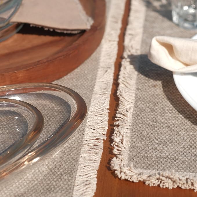 Hausattire Cotton Frayed Placemats Set of 4 Dining Table 14x14 Inch | Rustic Farmhouse Boho Washable Easter Placemat for Outdoor Parties BBQ's Wedding, Holiday, Special Occasions, Nubby Cotton - Grey