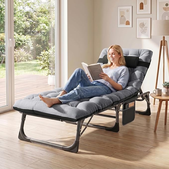 ABORON 3-in-1 Folding Patio Lounge Chair, 440LB Heavy-Duty Tri-Fold Guest Bed with Plush Cotton Cushion, No Assembly Adjustable Recliner for Office Nap, Patio Sunbathing, Poolside & Camping