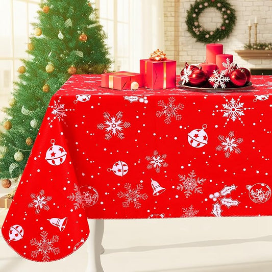 Smiry Christmas Rectangle Table Cloth, Waterproof Vinyl Tablecloth with Flannel Backing, Wipeable Bell & Snowflake Plastic Tablecloths for Christmas Table Decorations, (52"x70", White & Red)