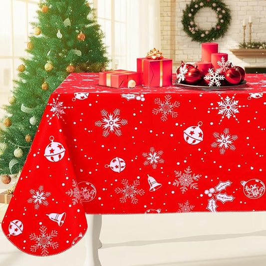 Smiry Christmas Rectangle Table Cloth, Waterproof Vinyl Tablecloth with Flannel Backing, Wipeable Bell & Snowflake Plastic Tablecloths for Christmas Table Decorations, (60"x84", White & Red)