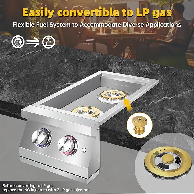 Double Side Burners for Outdoor Grill, Heavy-Duty 304 Stainless Steel, Built-in Side Burners with LED for Outdoor Kitchen BBQ Island, 2x17,000BTU Natural Gas Side Burner Convertible to Liquid Propane