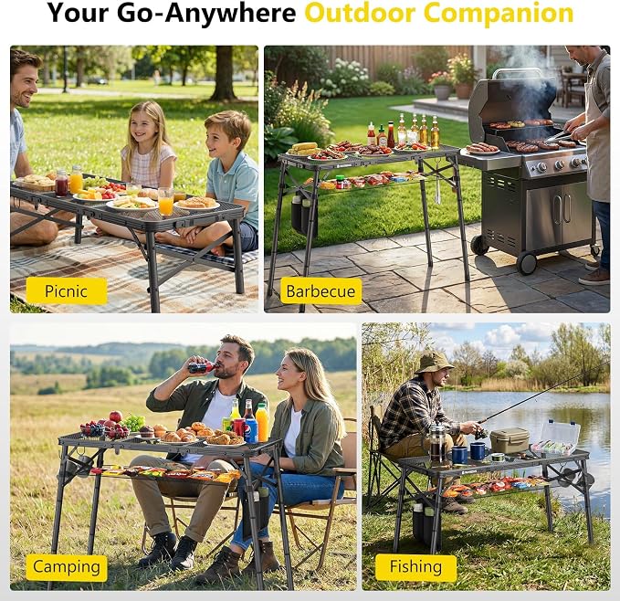 Raynesys Portable Folding Grill Table for Outside for Picnic, Camping | 3 Height Adjustable Small Camping Table with Mesh Bag, Metal Aluminum Folding Table, 35.43x15.75 inches, Black