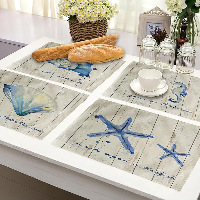 4Pack Vintage Sea Placemats Wood Grain Starfish Hippocampus Seashells Ocean Theme Table Mats Waterproof Heat Resistant Washable Non-Slip Place Mats for Dinner Room Kitchen Decor Table 12”×16”