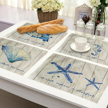 4Pack Vintage Sea Placemats Wood Grain Starfish Hippocampus Seashells Ocean Theme Table Mats Waterproof Heat Resistant Washable Non-Slip Place Mats for Dinner Room Kitchen Decor Table 12”×16”