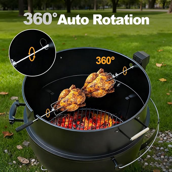 Rotisserie Grill Kit Premium Chicken Rotisserie for Weber 22 Kettle Grill, Rotating Ring Kit for Weber Kettle Accessories, Upgraded Electric Motor - Well Balanced