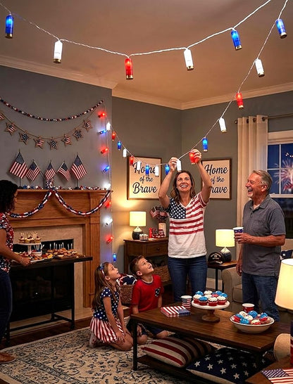 8.5Ft 4th of July String Lights, 10L LED Red White and Blue Shotgun Shell Lights Plug in for Home Classroom Porch Backyards Tree Patriotic Holiday Decorations, Indoor and Outdoor Use