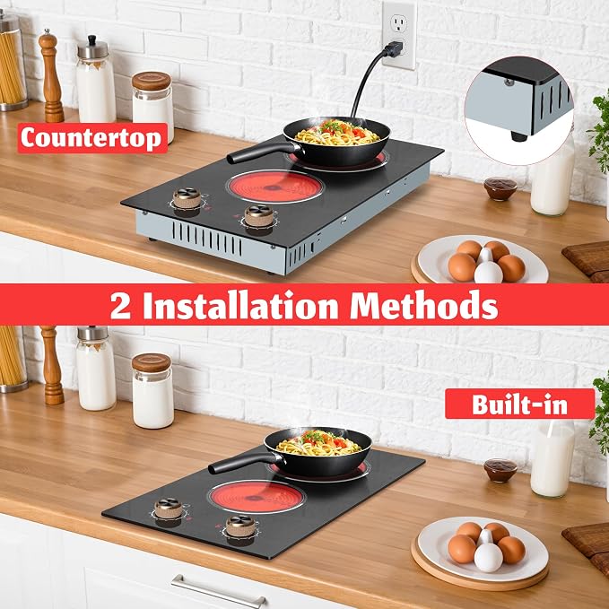 2 Burner Electric Cooktop, Built-in & Countertop Electric Stovetop 12 Inch | Ceramic Cook Top with Knob Control, 9 Power Levels Setting, Over-Temperature Protection, 110V - 120V Plug in, Traenvir