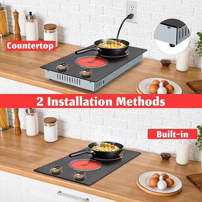 2 Burner Electric Cooktop, Built-in & Countertop Electric Stovetop 12 Inch | Ceramic Cook Top with Knob Control, 9 Power Levels Setting, Over-Temperature Protection, 110V - 120V Plug in, Traenvir