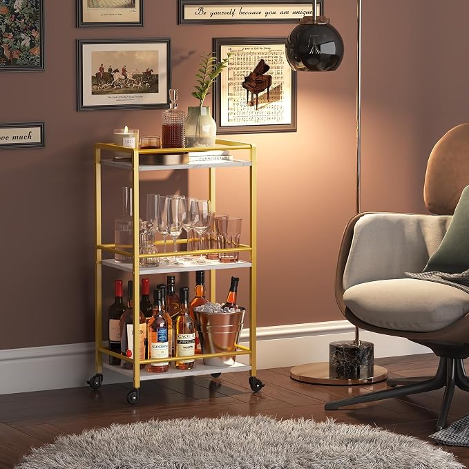 Lifewit Mini 3 Tier Rolling Bar Cart with Lockable Wheels, Gold | Drink serving liquor utility cart for dining living room, compact size 17 x 11.8 x 32.1 inch, mobile wine storage trolley