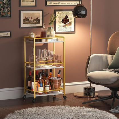 Lifewit Mini 3 Tier Rolling Bar Cart with Lockable Wheels, Gold | Drink serving liquor utility cart for dining living room, compact size 17 x 11.8 x 32.1 inch, mobile wine storage trolley