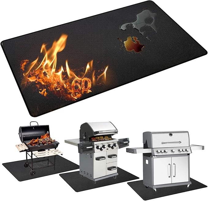 60" x 40" Grill Mats for Outdoor Grill, 2000°F Fireproof Under Grill Mat, Double-Sided Silicone Grill Pads for Deck Protector, Waterproof Oil-Proof BBQ Grill Matt for Fire Pit, Black