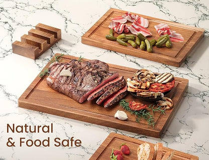 Set of 3 Acacia Wood Cutting Board Set,Wooden Chopping Boards with Juice Groove and Stand Holder for Kitchen,Butcher Block for Meat,Vegetables, Fruit